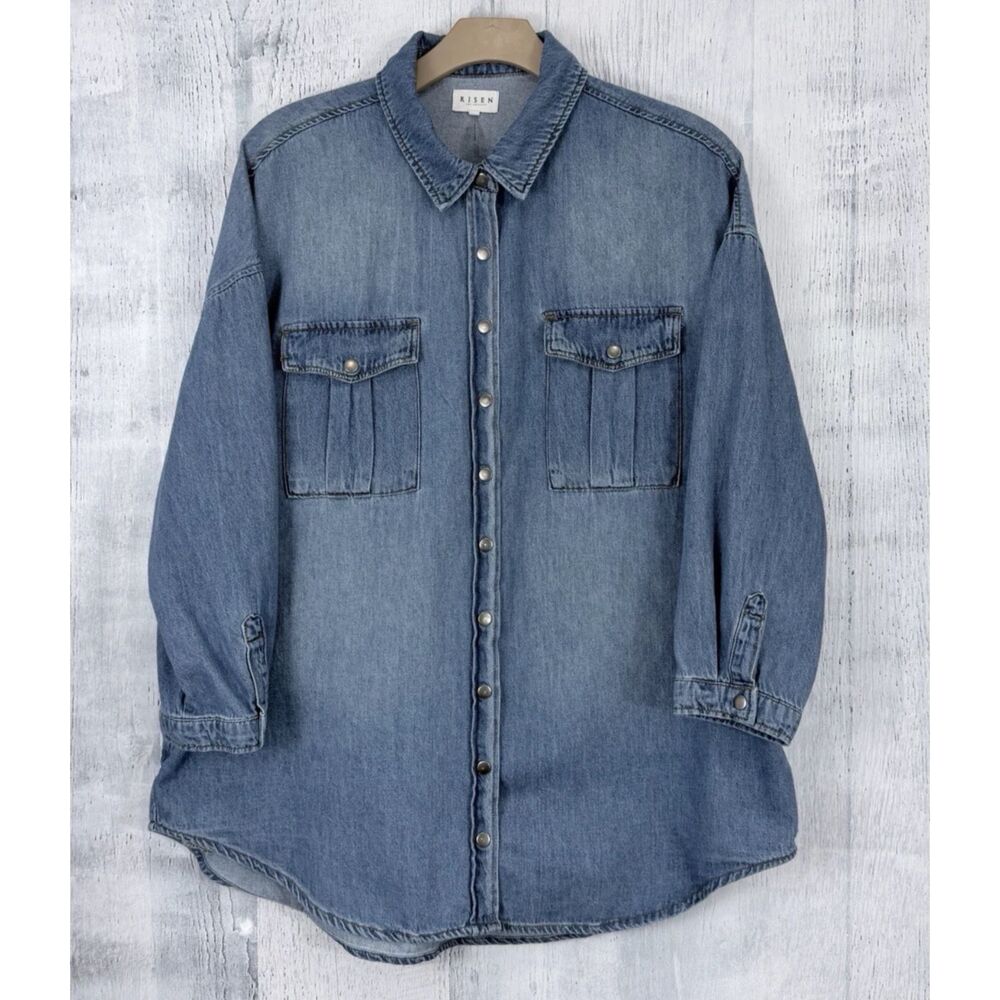 Risen Denim Shirt Womens 1XL Shacket Oversized Snap Button Up Side/Chest Pocket
